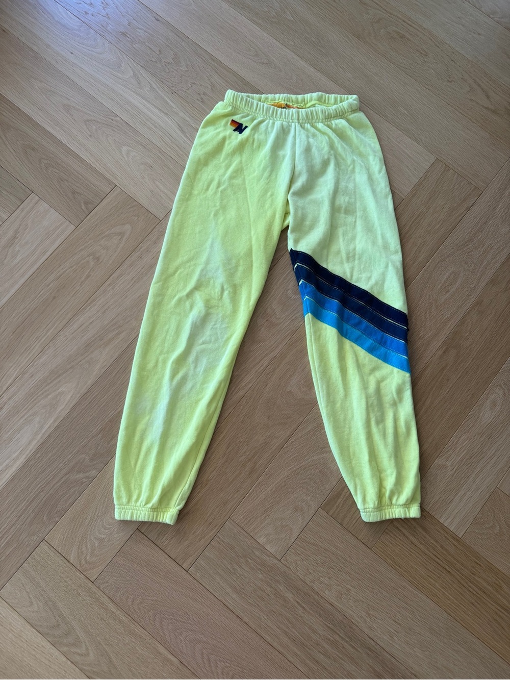 Aviator Nation Neon Yellow Joggers with Blue Stripe Accents